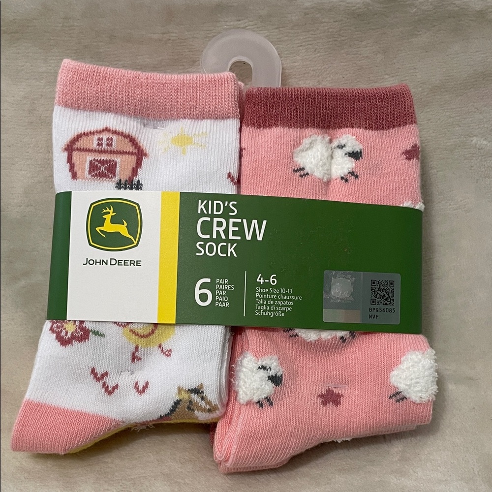 John Deere Kids Crew Socks - Pink and White with Farm Patterns